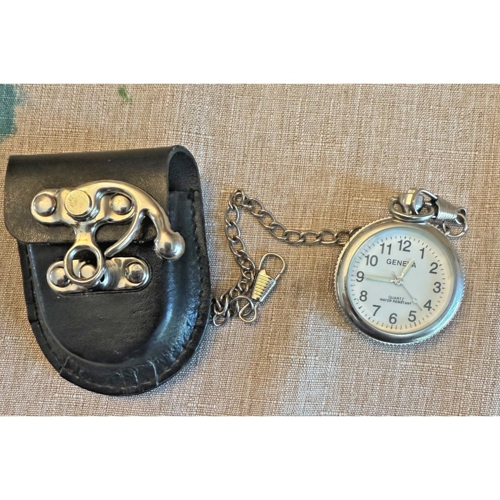 Vintage Geneva Quartz Pocket Watch w/ Leather Belt Pouch & Chain – Water Resista